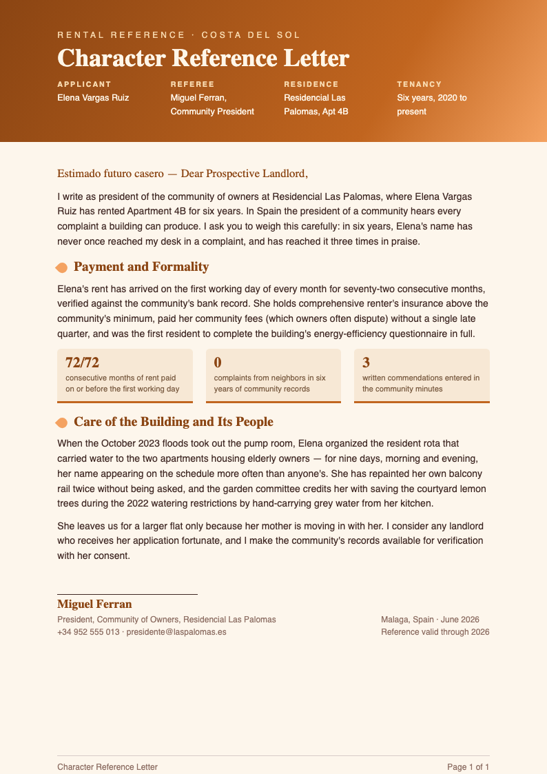 Terracotta sun character reference letter